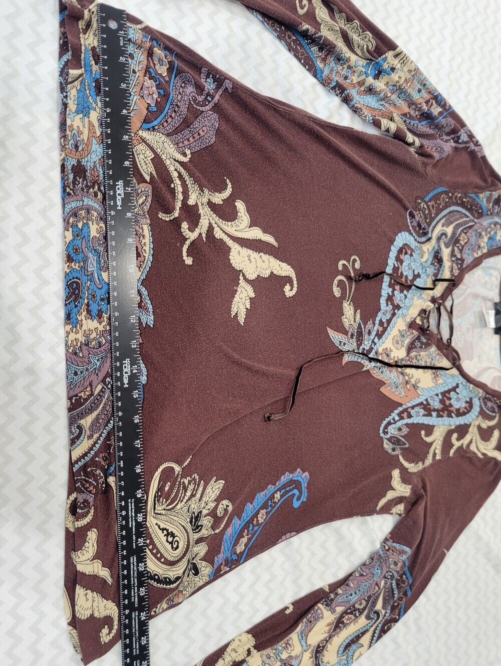 Women’s Lace-Up V-Neck Paisley Tunic Top - Brown/Blue With Cuffed Sleeves Sz - Picture 4 of 10